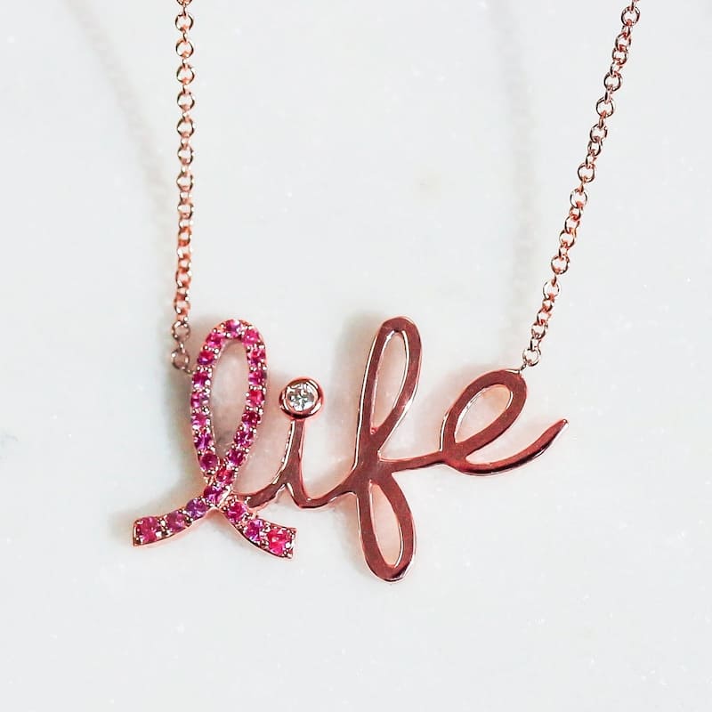 Annello by Kobelli 14k Rose Gold Breast Cancer Awareness Pink Sapphire and Diamond Accent 'Life' Necklace