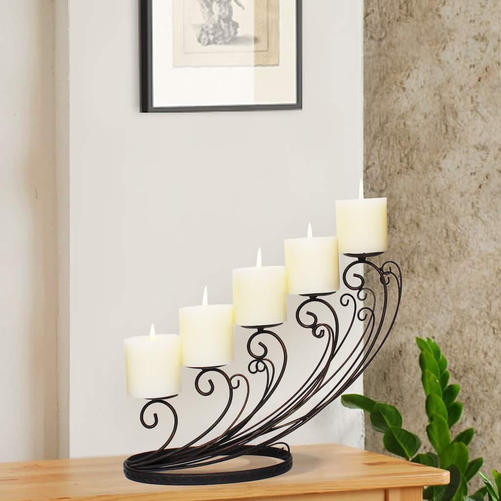 Adeco Decorative Iron Tabletop 5-Candle Pillar Sloping Design Candle Holder