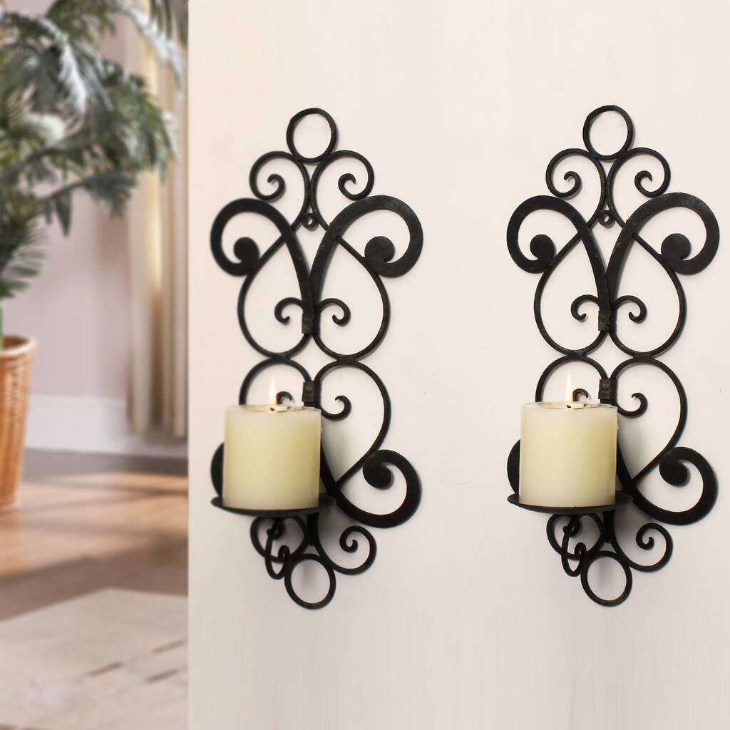 Adeco Decorative Iron Vertical Wall Hanging Pillar Mirrored Hearts Candle Holder (Set of 2)