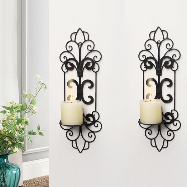 Adeco Decorative Iron Vertical Wall Hanging Pillar Traditional Candle Holder (Set of 2 ...