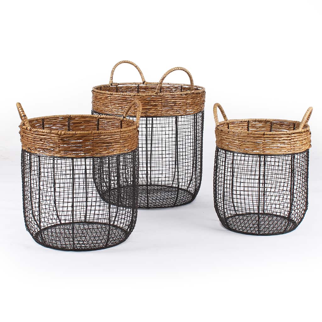 Black Iron Wire Round Scoop Basket with Seagrass-wrapped Rim and Handle with Mesh Body (Set of 3)