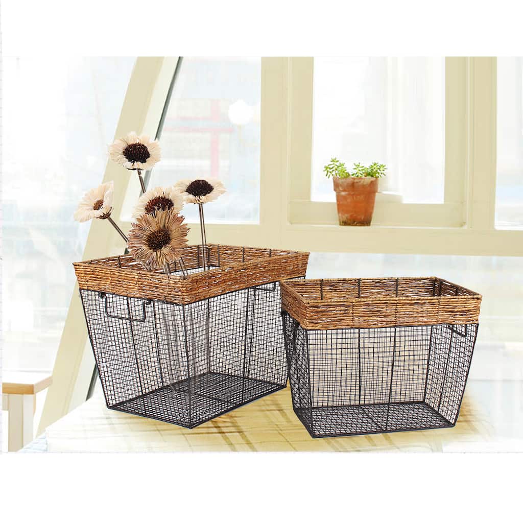 Adeco Black Iron Wire Rectangular Basket with Seagrass Wrapped Rim and Square Mesh Body (Set of 2)