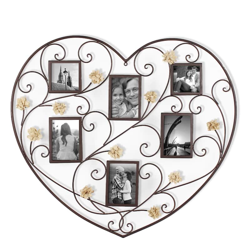 Heart-Shape 6 Picture Frame Collage with Scroll and Burlap