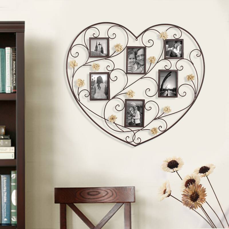 Heart-Shape 6 Picture Frame Collage with Scroll and Burlap