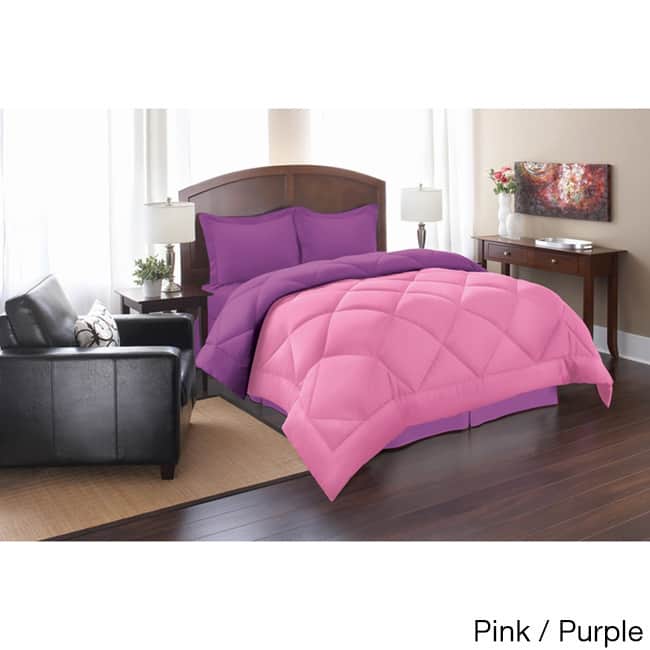 3 Piece All-season Down-Alternative Reversible Comforter Set - Full - Queen - Pink/Purple