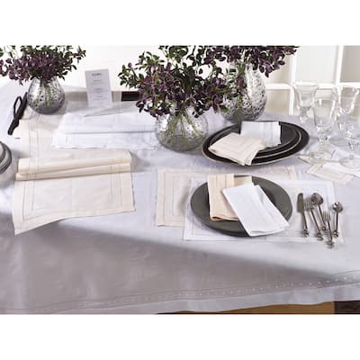 Embroidered and Hemstitch Linen Blend Tablecloth