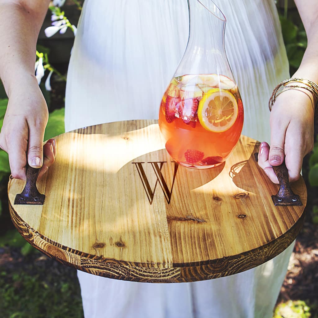 Personalized Rustic Wood Tray with Metal Handles