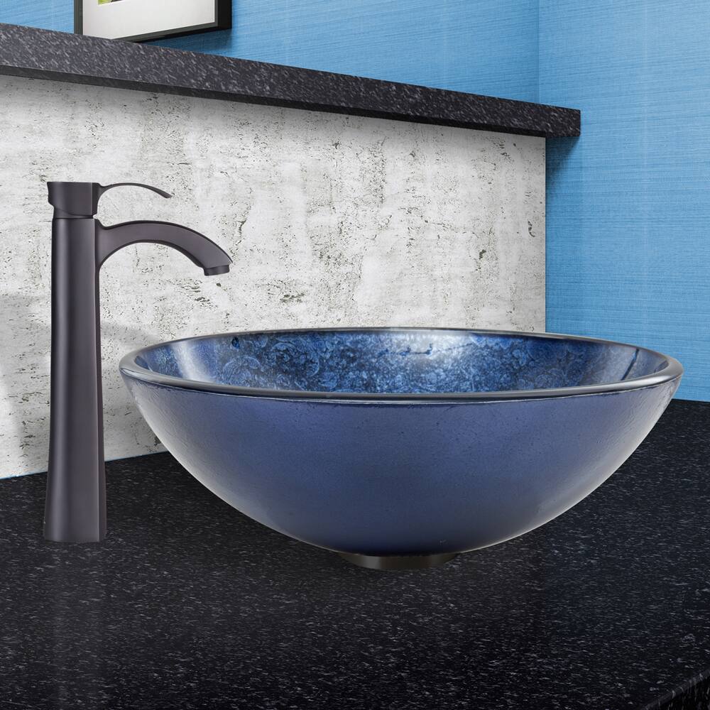 VIGO Indigo Eclipse Glass Vessel Sink and Otis Faucet Set in Matte Black Finish
