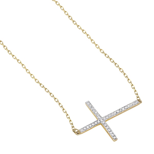 14K White Gold Diamond 0.15 ct Sideways Cross Pendant Necklace 18/"