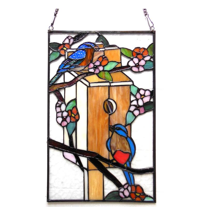 Chloe Tiffany Style Birdhouse With Birds Design Stained Glass Window Panel