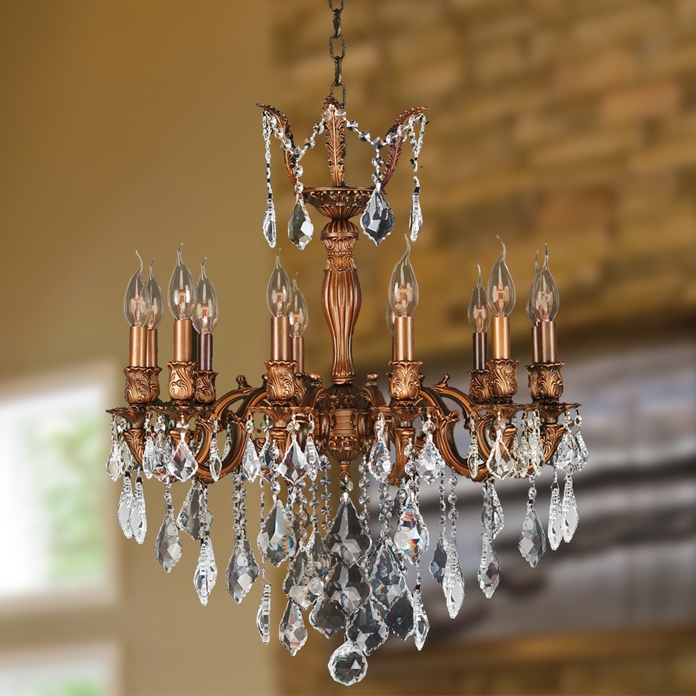French Imperial Collection 12 light French Gold Finish and Golden Teak Crystal Chandelier 24" x 27" (12 Light Chandelier) - Chandeliers For Bedrooms by Overstock.com