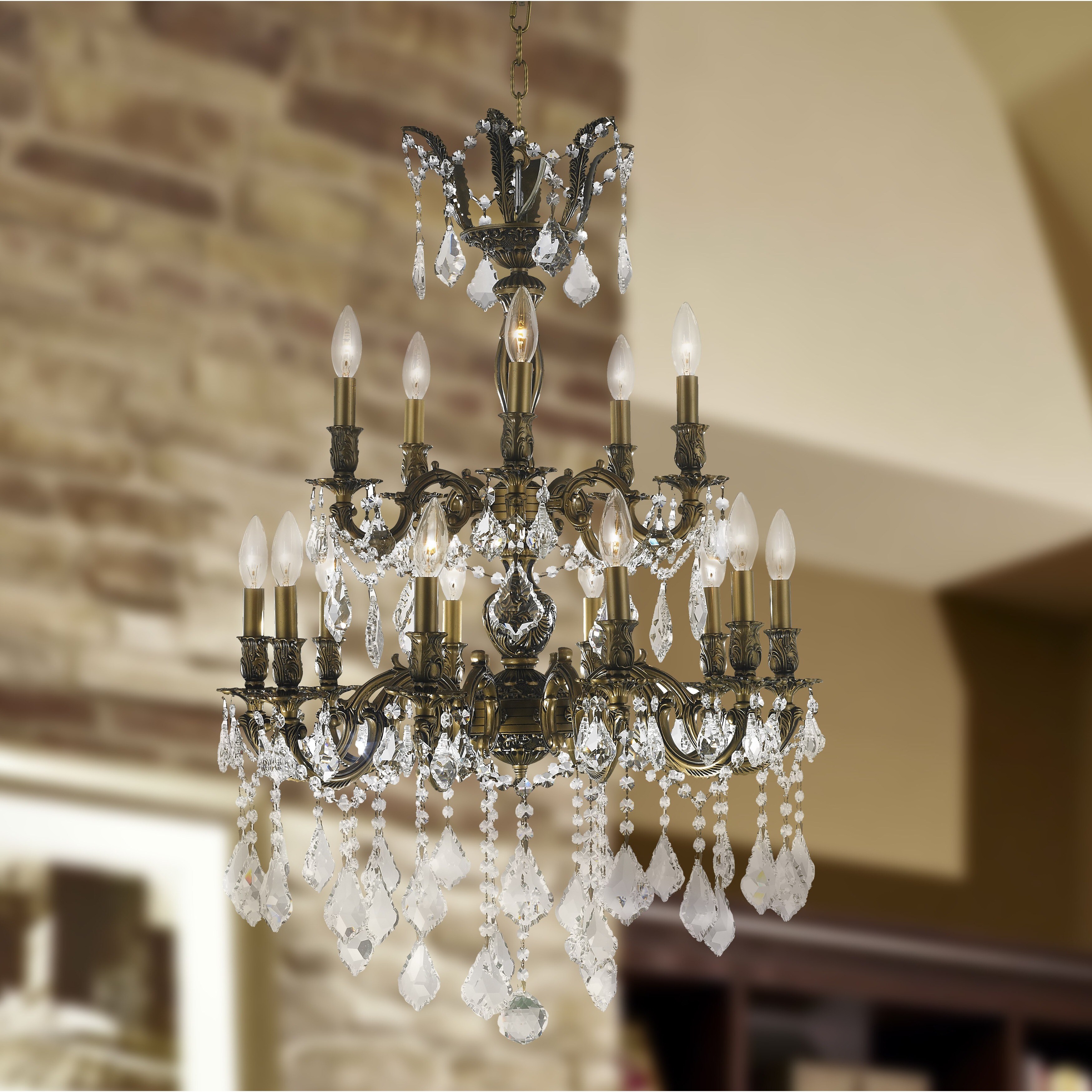French Imperial Collection 15 Light Flemish Bronze Finish and Clear Crystal Chandelier 24" x 35" Two 2 Tier (15 Light Chandelier) - Chandeliers For Bedrooms by Overstock.com