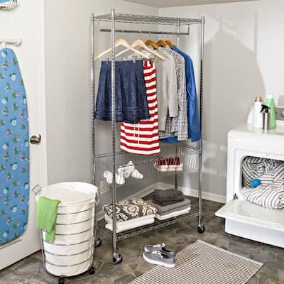 Chrome Steel Rolling Laundry Clothes Rack with Shelves