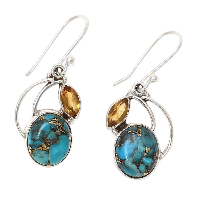 Handmade Sterling Silver Mystique Citrine Turquoise Dangling Earrings (India)