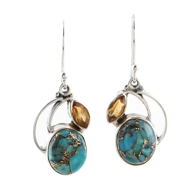 Handmade Sterling Silver Mystique Citrine Turquoise Dangling Earrings (India)