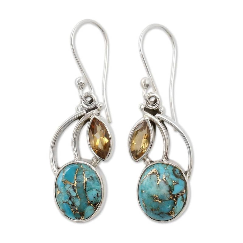 Handmade Sterling Silver Mystique Citrine Turquoise Dangling Earrings (India) - Turquoise blue - White