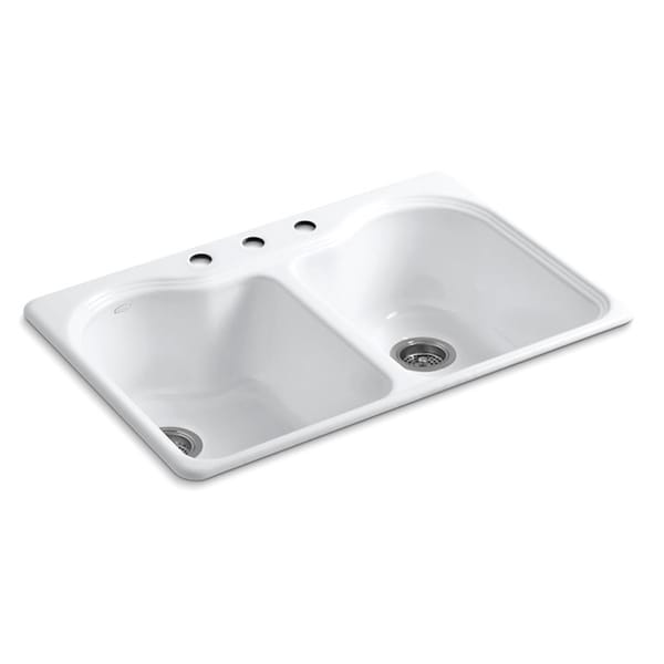 Kohler Hartland Top Mount Cast Iron 33 inch 3 hole Double Bowl Kitchen Sink in White 937da1b6 2b25 46f9 91f7 adce66cc8823_600