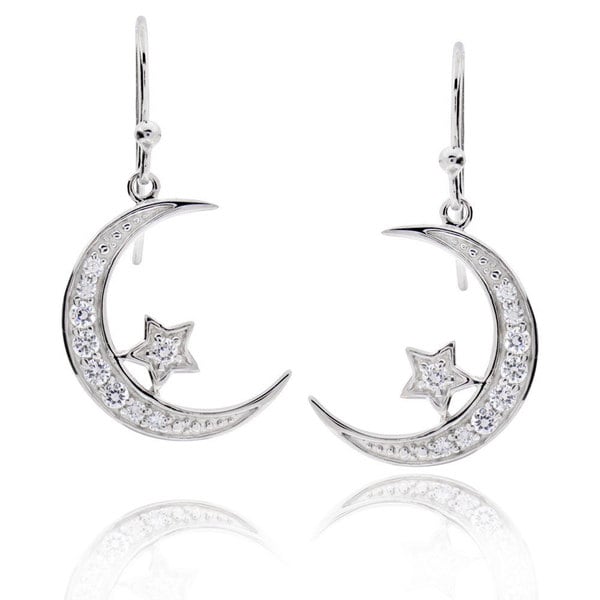 Shop Sterling Silver Round Cubic Zirconia Crescent Moon and Star Dangle ...