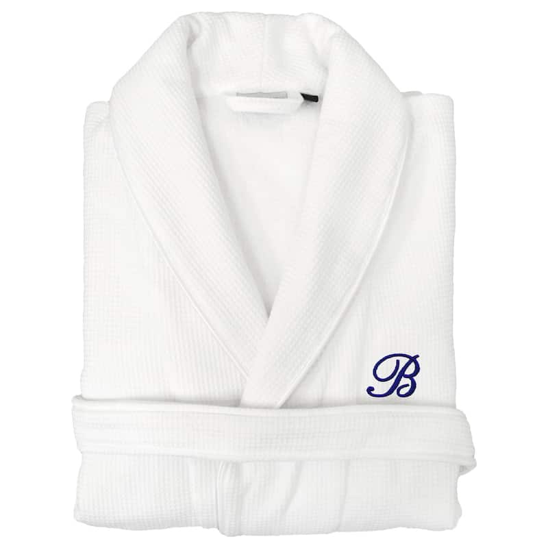 Authentic Hotel and Spa Unisex Navy Blue Monogrammed Turkish Cotton Waffle Weave Terry Bath Robe