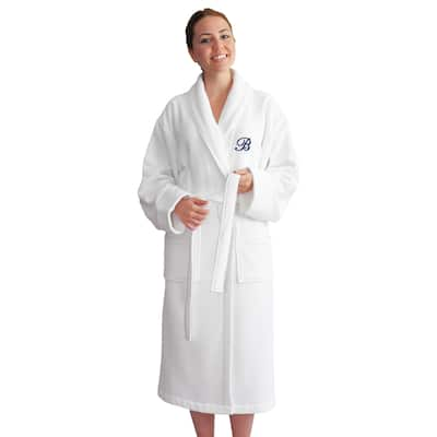 Authentic Hotel and Spa Unisex Navy Blue Monogrammed Turkish Cotton Waffle Weave Terry Bath Robe