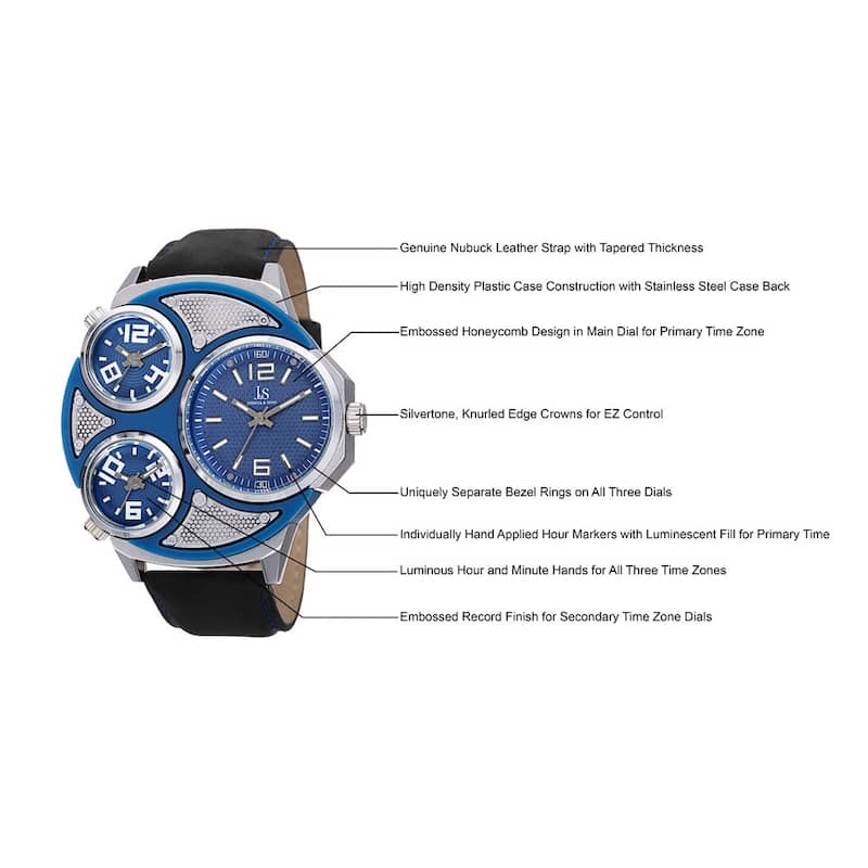 Joshua & Sons Men's Quartz Triple Time Zone Leather Silver-Tone Strap Watch - Black