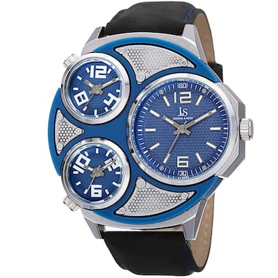 Joshua & Sons Men's Quartz Triple Time Zone Leather Silver-Tone Strap Watch - Black