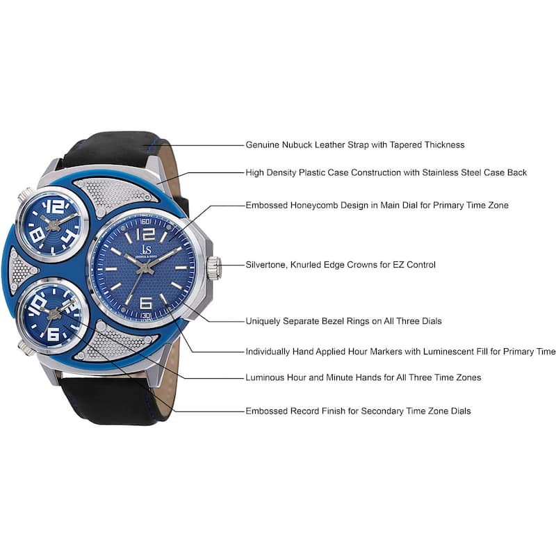 Joshua & Sons Men's Quartz Triple Time Zone Leather Silver-Tone Strap Watch - Black