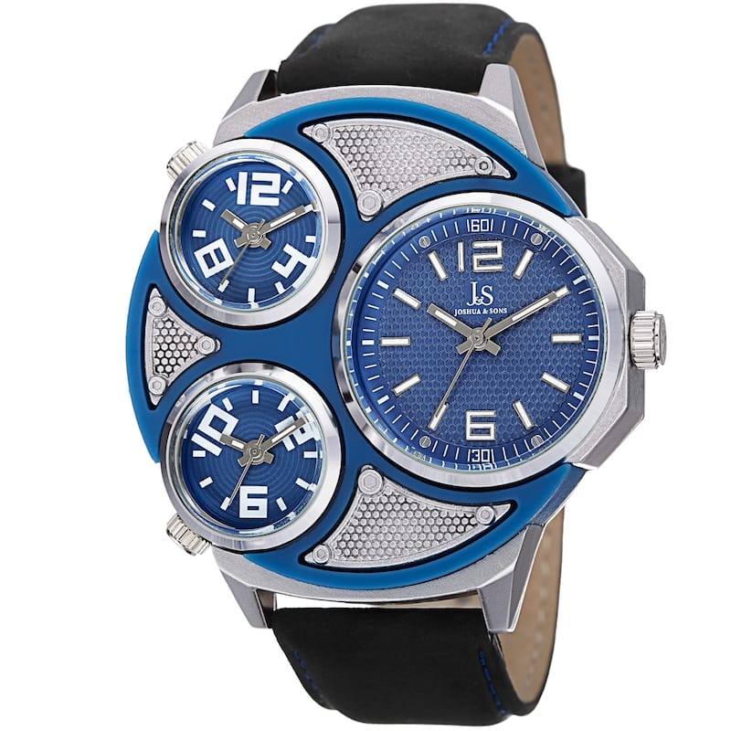 Joshua & Sons Men's Quartz Triple Time Zone Leather Silver-Tone Strap Watch - Black