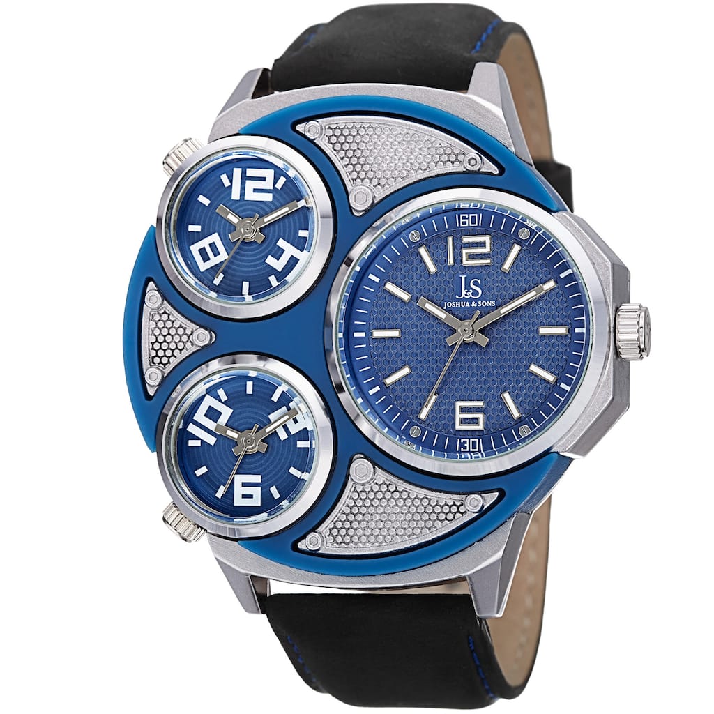 Joshua & Sons Men's Quartz Triple Time Zone Leather Silver-Tone Strap Watch - Black
