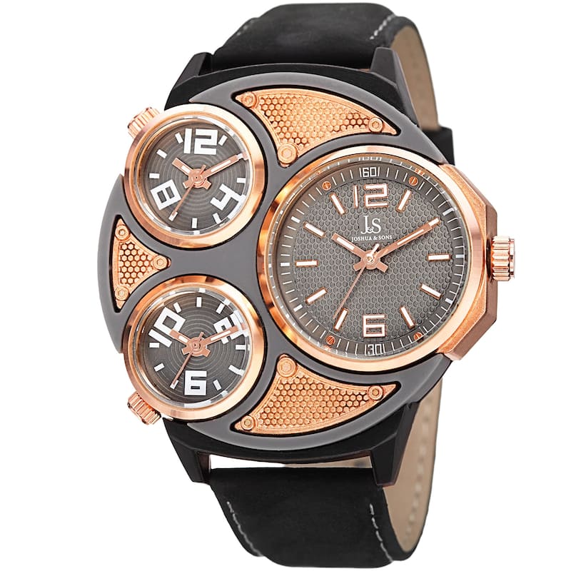 Joshua & Sons Men's Quartz Triple Time Zone Leather Strap Watch - Rose Gold / Black