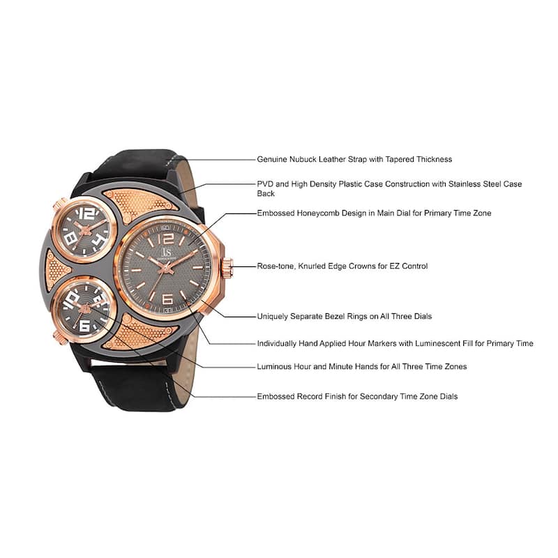 Joshua & Sons Men's Quartz Triple Time Zone Leather Strap Watch