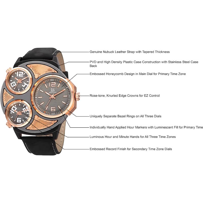 Joshua & Sons Men's Quartz Triple Time Zone Leather Strap Watch