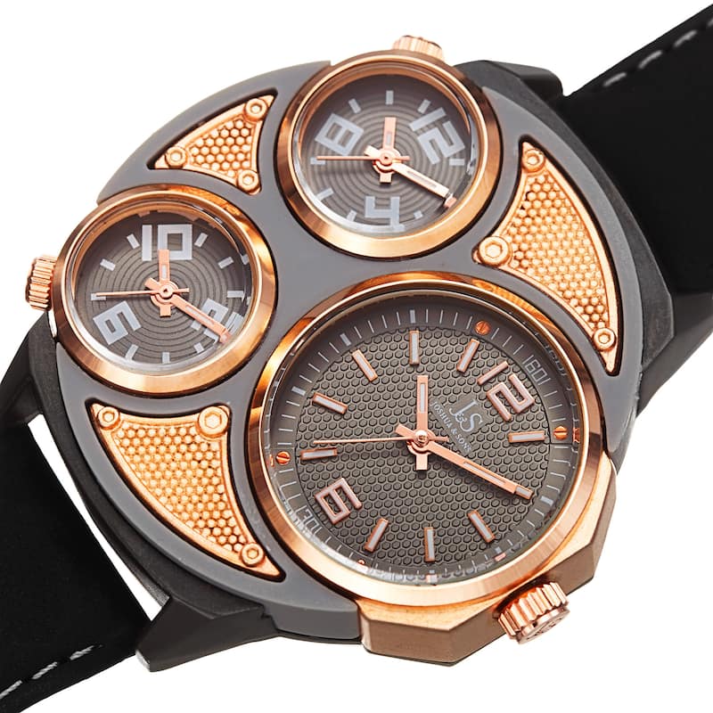 Joshua & Sons Men's Quartz Triple Time Zone Leather Strap Watch