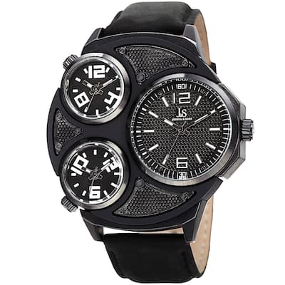 Joshua & Sons Men's Quartz Triple Time Zone Leather Black Strap Watch