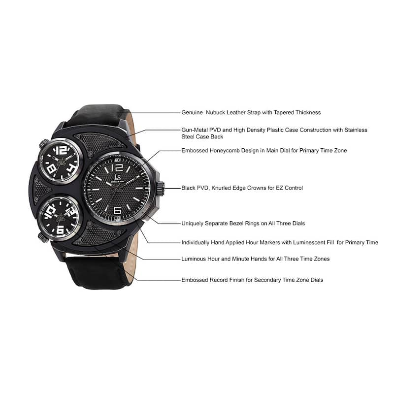 Joshua & Sons Men's Quartz Triple Time Zone Leather Black Strap Watch