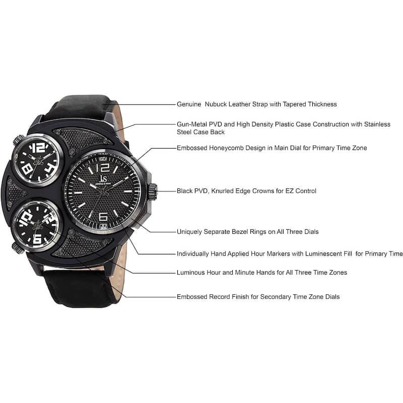Joshua & Sons Men's Quartz Triple Time Zone Leather Black Strap Watch