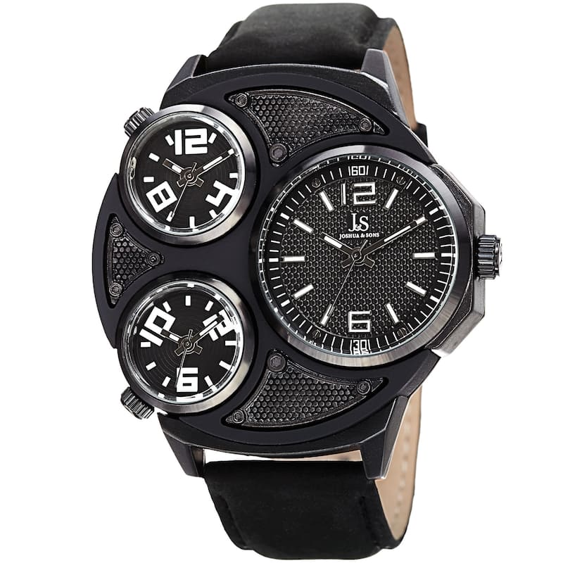 Joshua & Sons Men's Quartz Triple Time Zone Leather Black Strap Watch