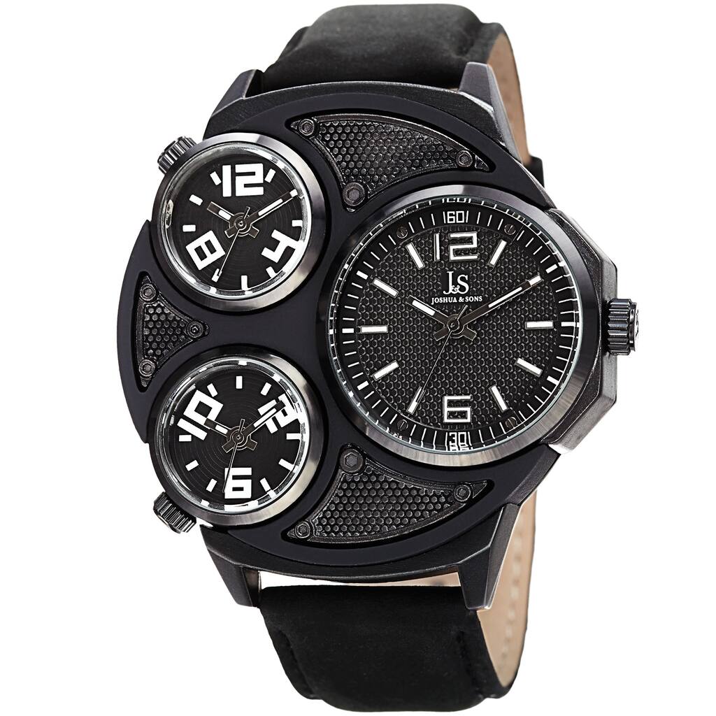 Joshua & Sons Men's Quartz Triple Time Zone Leather Black Strap Watch
