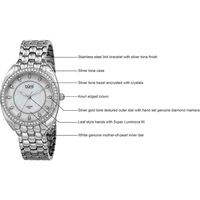 Burgi Women's Quartz Diamond Crystal Silver-Tone Bracelet Watch - silver