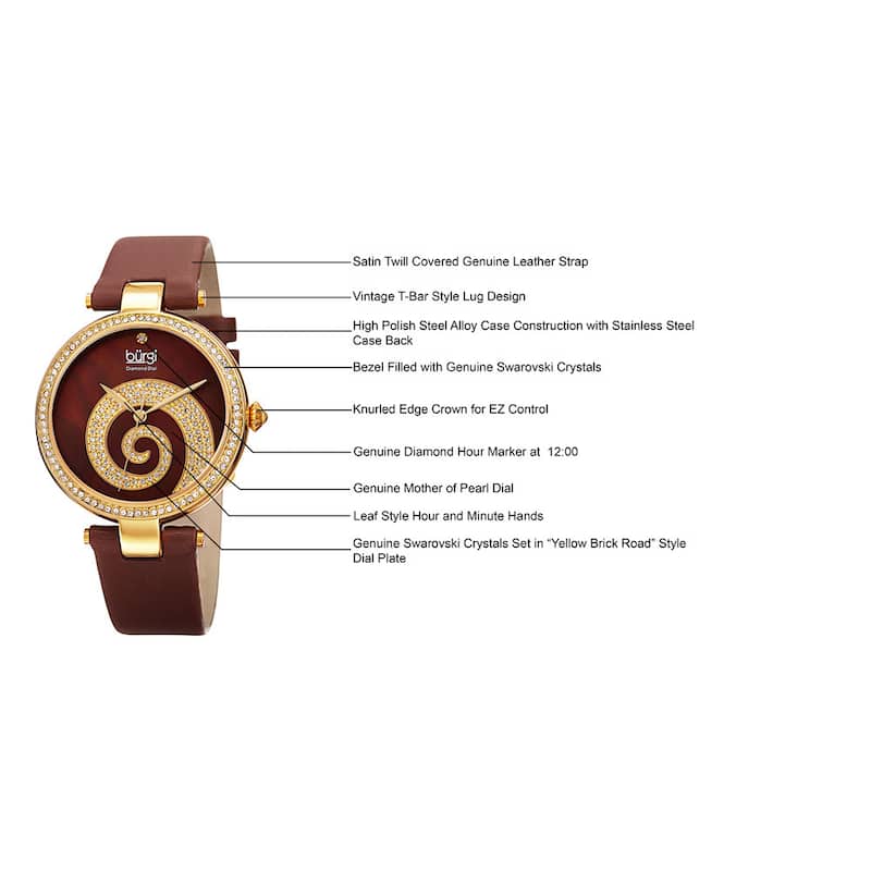Burgi Women's Quartz Diamond Crystal Leather Gold-Tone Strap Watch - brown