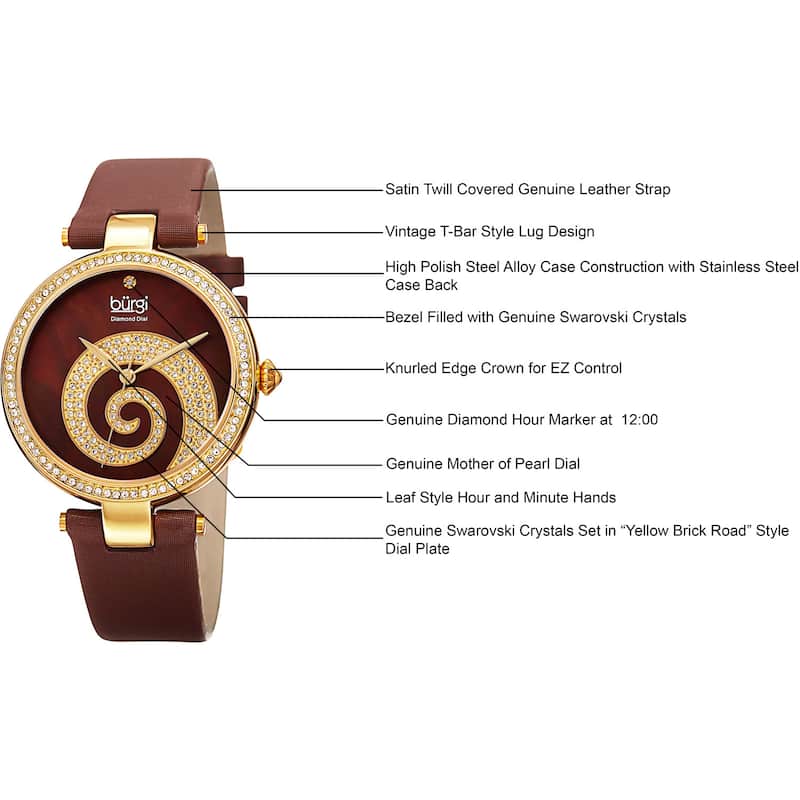Burgi Women's Quartz Diamond Crystal Leather Gold-Tone Strap Watch - brown