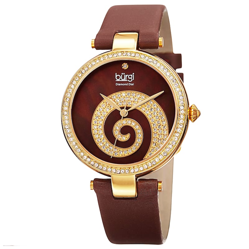Burgi Women's Quartz Diamond Crystal Leather Gold-Tone Strap Watch - brown