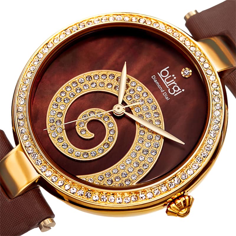 Burgi Women's Quartz Diamond Crystal Leather Gold-Tone Strap Watch - brown