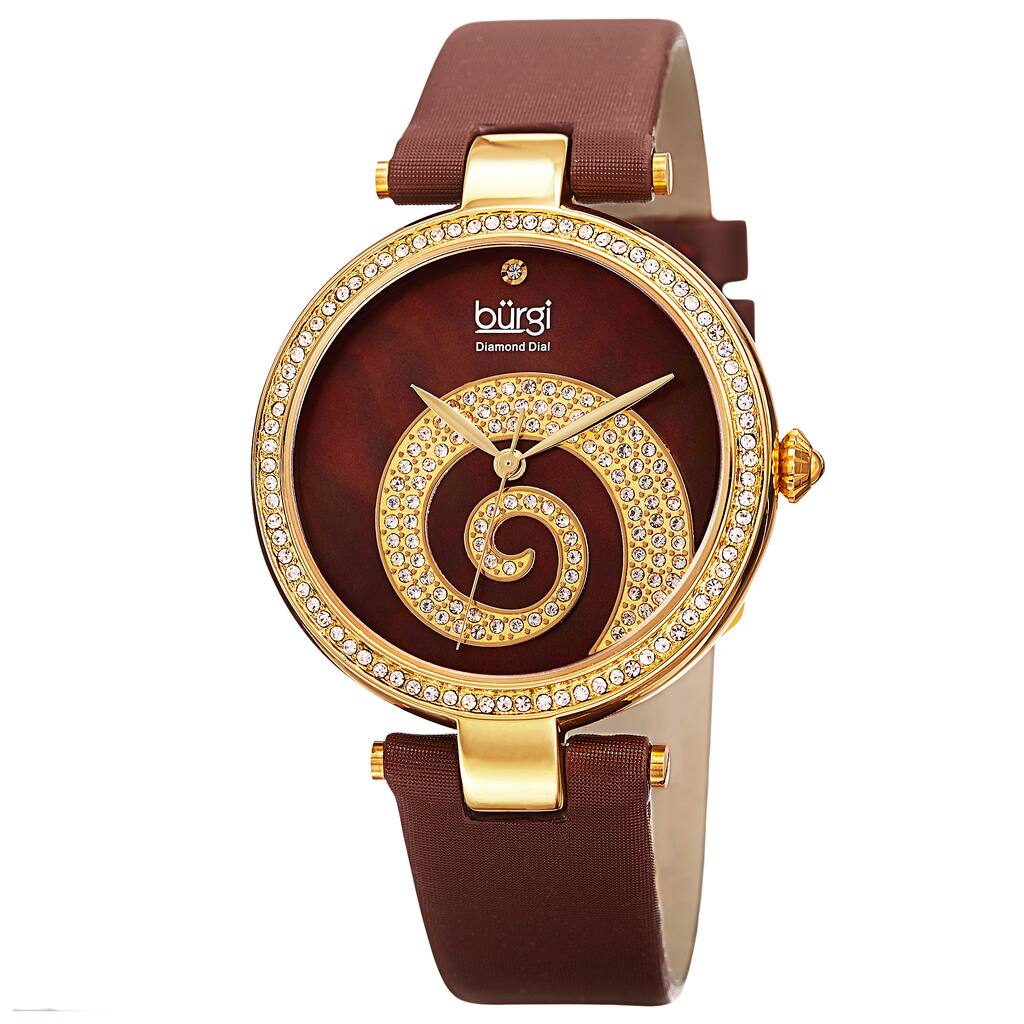 Burgi Women's Quartz Diamond Crystal Leather Gold-Tone Strap Watch - brown