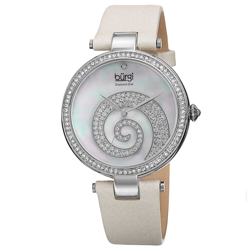 Burgi Women's Quartz Diamond Crystal Leather White Strap Watch