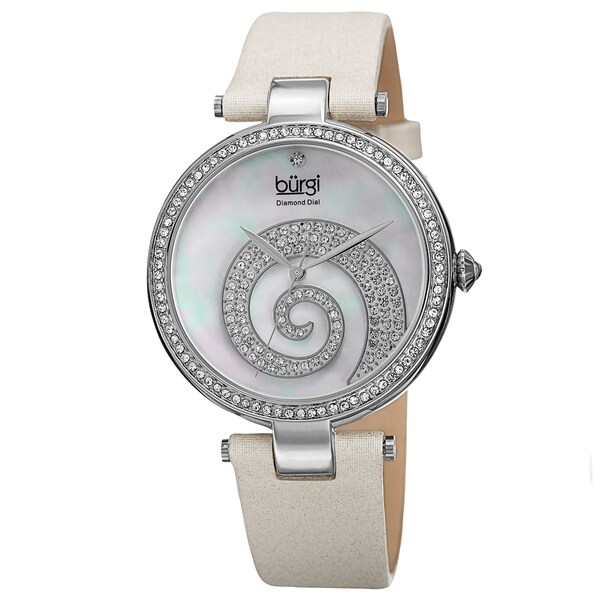 Burgi Women's Quartz Diamond Crystal Leather White Strap Watch