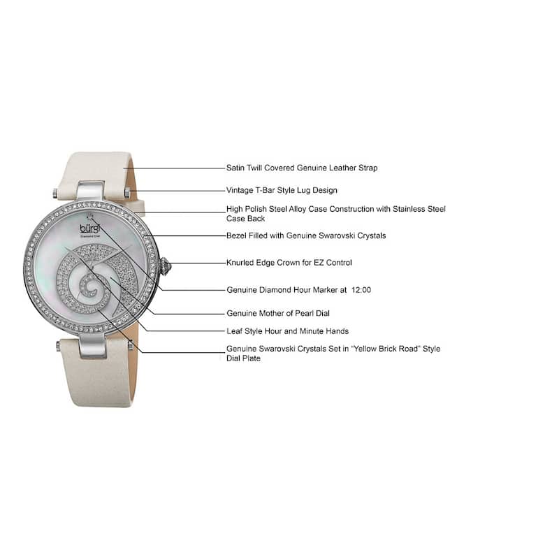 Burgi Women's Quartz Diamond Crystal Leather White Strap Watch