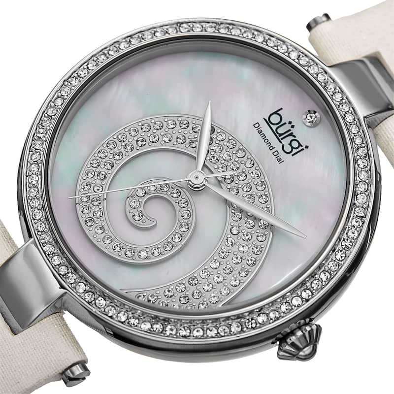 Burgi Women's Quartz Diamond Crystal Leather White Strap Watch