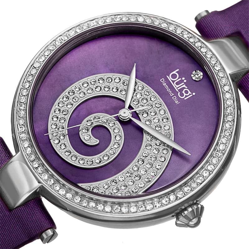 Burgi Women's Quartz Diamond Crystal Leather Purple Strap Watch