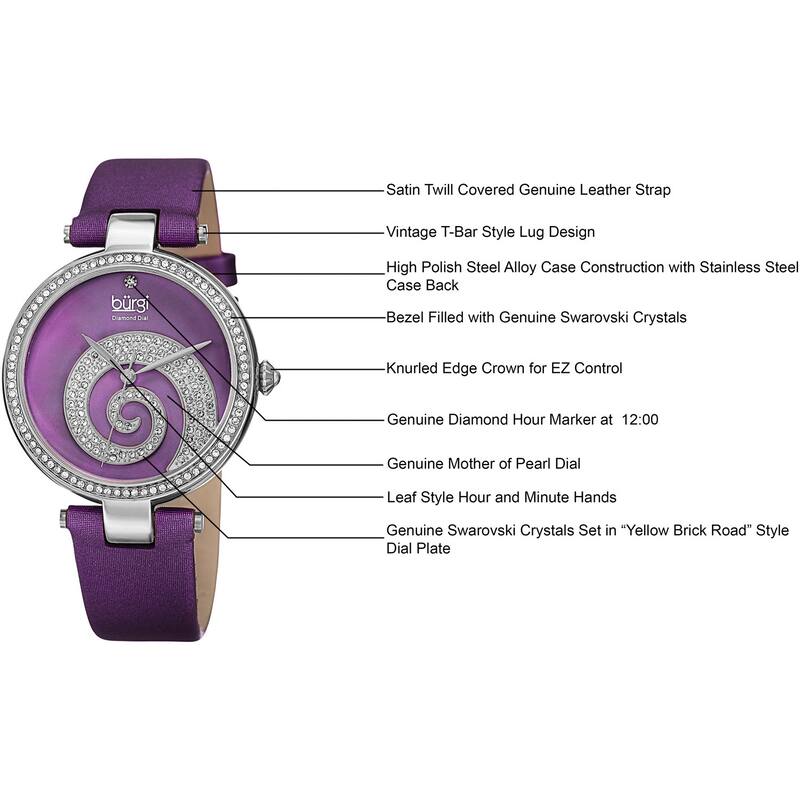Burgi Women's Quartz Diamond Crystal Leather Purple Strap Watch